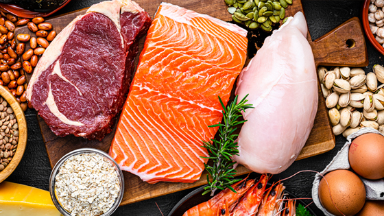 Vogelperspektive auf Tisch mit verschiedenen eiweißhaltigen Lebensmitteln wie zum Beispiel Fisch, Fleisch, Eier oder Hülsenfrüchte.