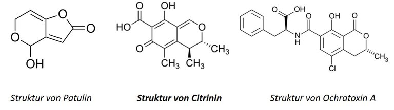 Chemische Strukturen der Mykotoxine Patulin, Citrinin und Ochratoxin A