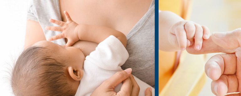 Zweiteiliges Bild: links ein Baby wird gestillt, rechts: Hand eines Babys greift nach dem Finger eines Erwachsenen