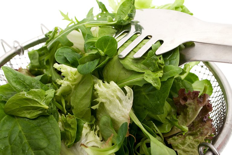 Grüner Salat wird mit einer Zange aus einem Sieb genommen 