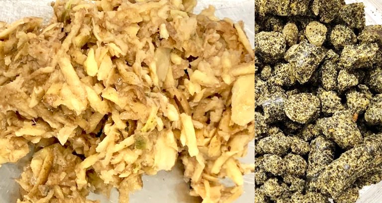 Nahaufnahme von Kartoffelschälreste und Rapspresskuchen