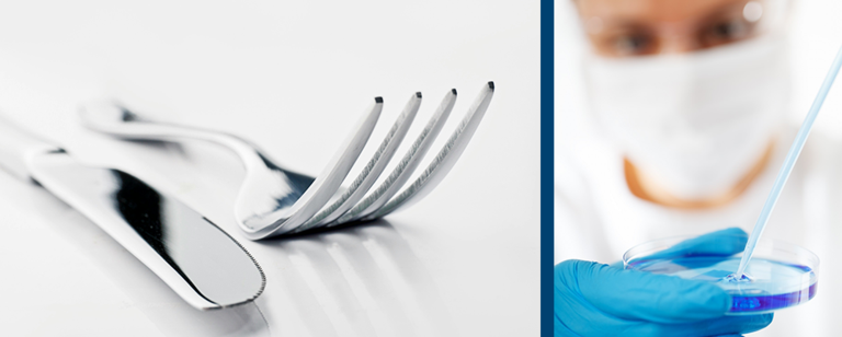 Zweigeteiltes Bild: Linkes Bild zeigt Messer und Gabel, rechtes bild zeigt eine Laborsituation 